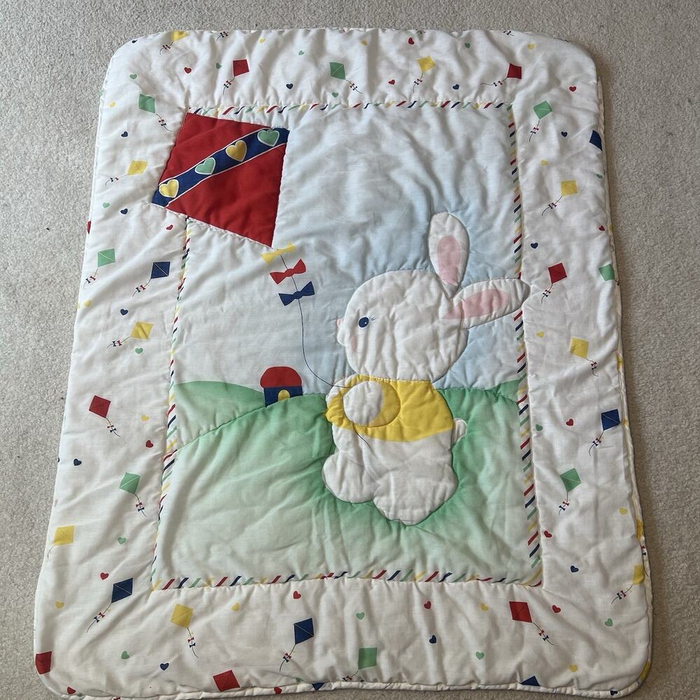 Vintage Bunny Applique Baby Crib Quilt Blanket Nursery Decor Pastel Kites 32x40